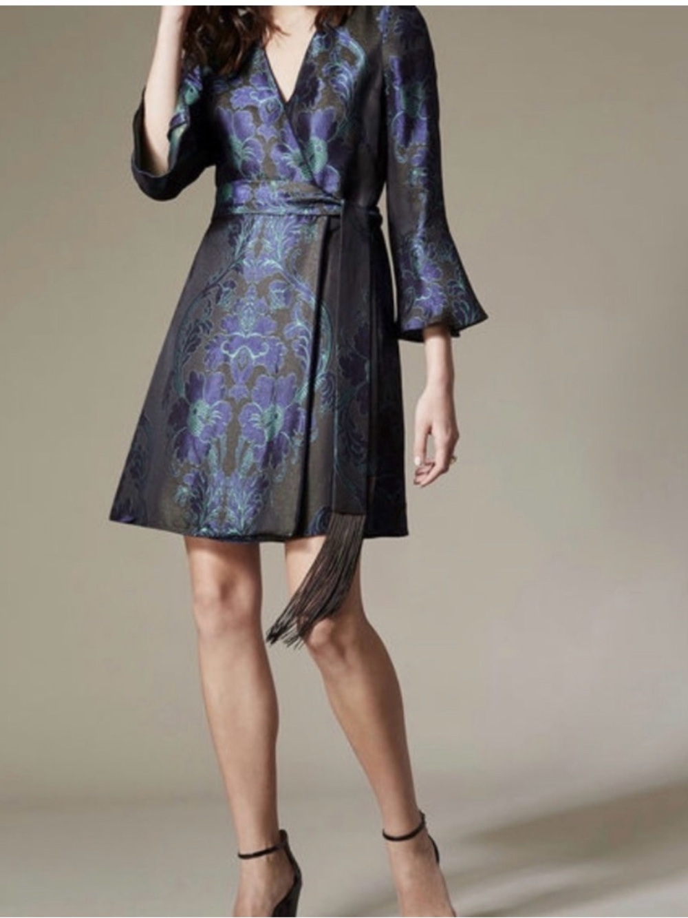 Karen Millen NWT multi color flower pattern Dress Purple and Teal fringe belt
